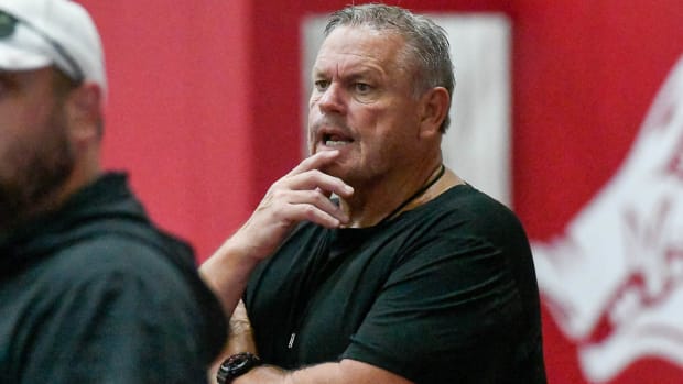 Razorbacks coach Sam Pittman at Sunday morning practice indoors